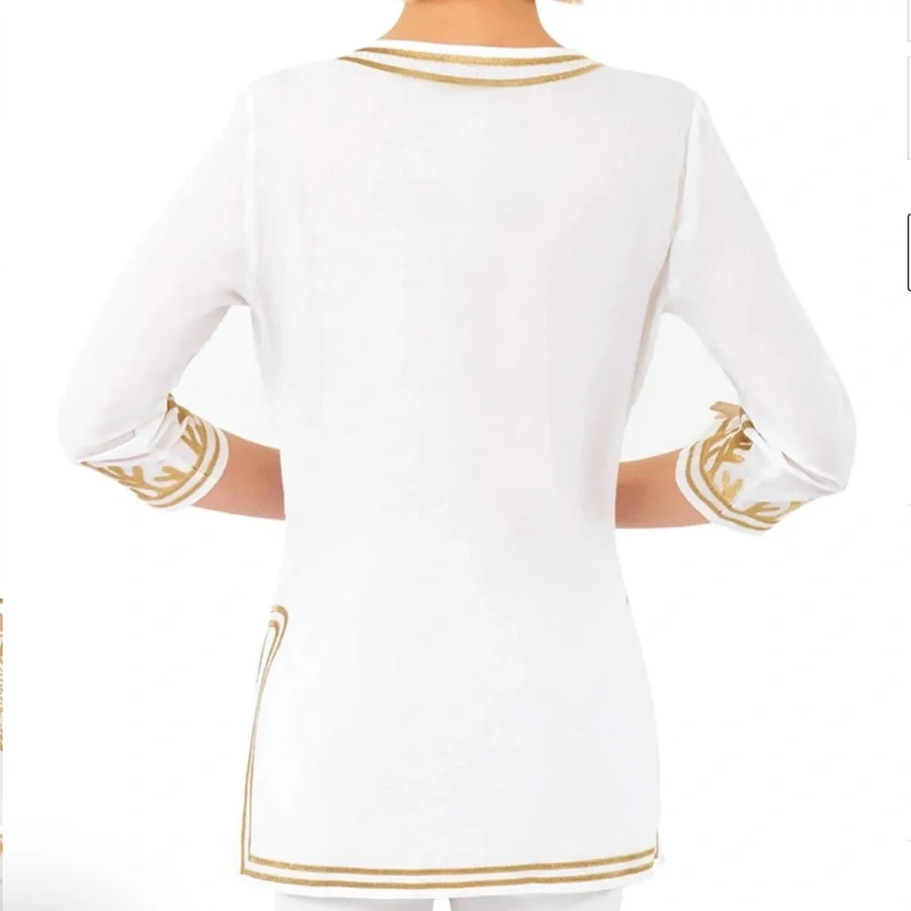 NEW Gretchen Scott Women's Cotton Reef Tunic White Gold 3/4 Sleeve Small S CT - Picture 3 of 5